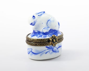 Retired Limoges, France Porcelain Miniature Blue & White Rabbit Trinket Box by Chamart