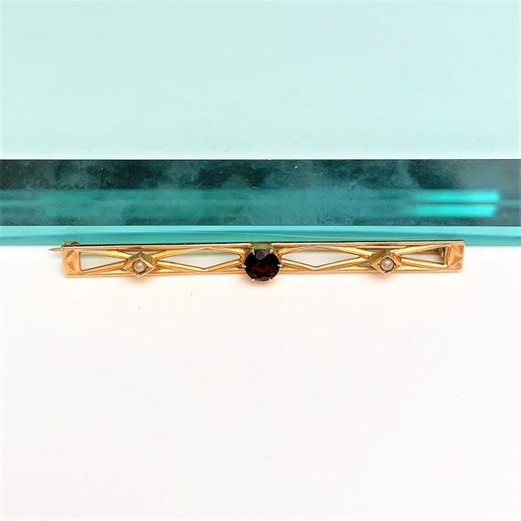 Late Edwardian Era 10K Gold, Garnet & Seed Pearl … - image 1