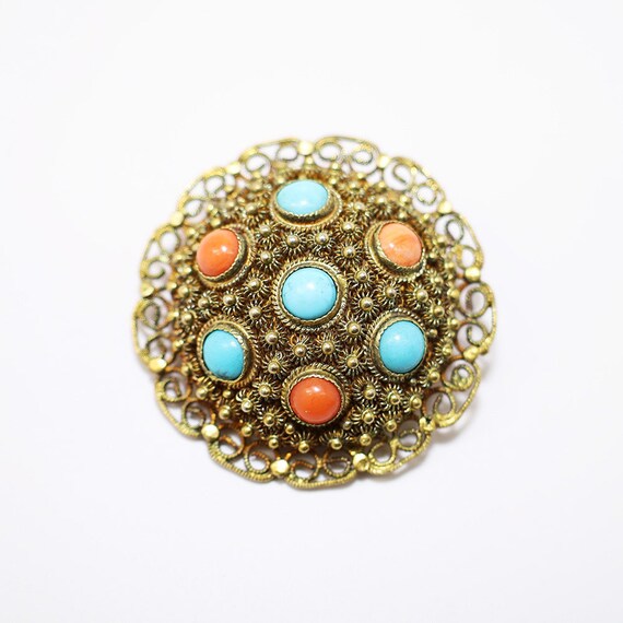 Rare Vintage Domed Turquoise Round Coral Sterling Silver Bracelet Rare Vintage Domed Turquoise Round Coral Sterling Silver Bracelet