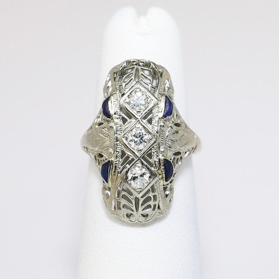 Art Deco Era 18k White Gold Filigree, Diamond & S… - image 1