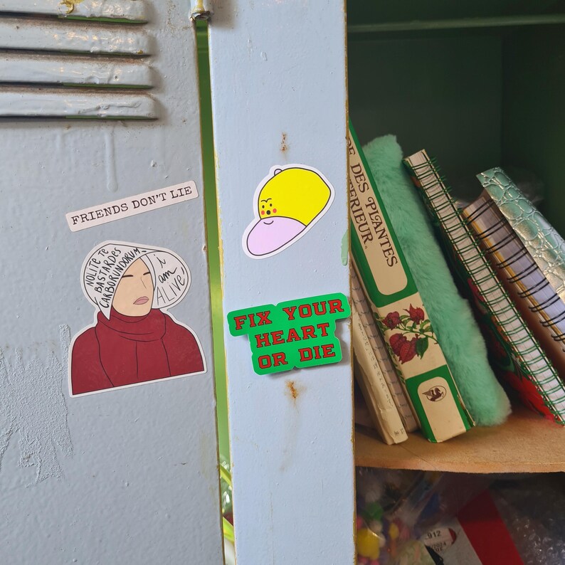 May include: A light blue locker door adorned with stickers. Stickers include text that reads "FRIENDS DON'T LIE", "FIX YOUR HEART OR DIE", and a cartoon image of a hat. Books and notebooks are visible on a shelf inside the locker.