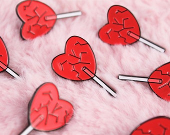 Heart Shaped Lollipop Soft Enamel Pin - Broken Heart Lapel Pin - Rubber Clutch - Gift