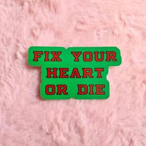 Peut inclure: Un autocollant vert avec les mots "FIX YOUR HEART OR DIE" en lettres rouges. L'autocollant a une bordure noire et est posé sur un fond rose et duveteux. Le design de l'autocollant est audacieux et accrocheur.