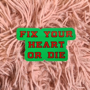 May include: A green sticker with the words "FIX YOUR HEART OR DIE" in red block letters. The sticker is set against a background of fluffy, peach-colored material.