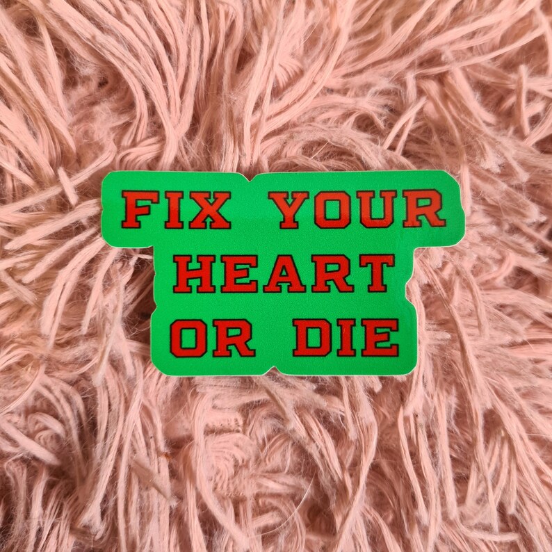 May include: A green sticker with the words "FIX YOUR HEART OR DIE" in red block letters. The sticker is set against a background of fluffy, peach-colored material.