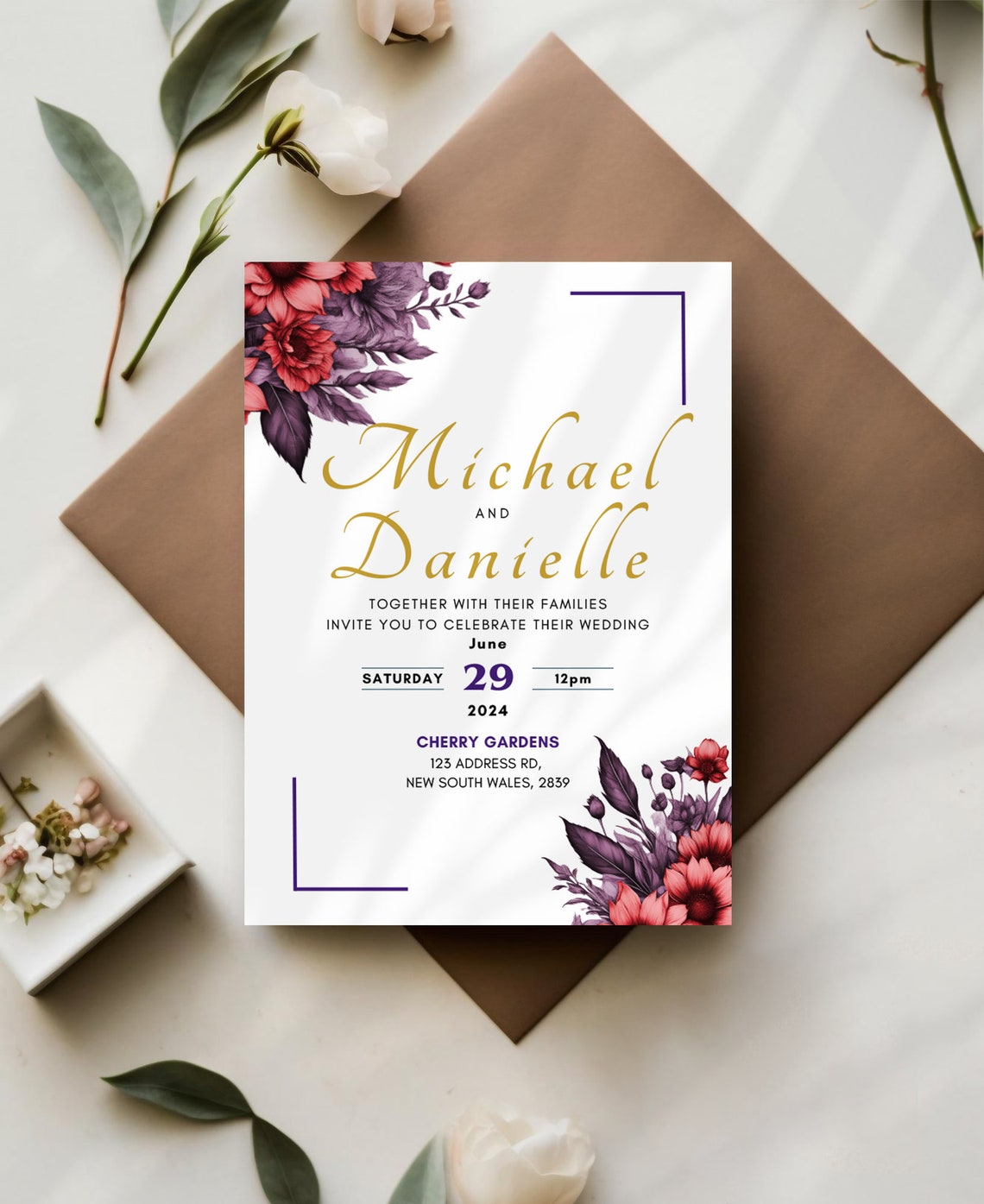Red and Purple Flower Wedding Invitation Template, A5 - Etsy