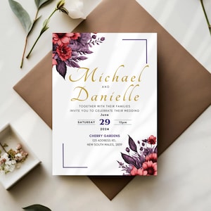 Blumenhochzeitseinladung mit roten und lila Blumen, A5