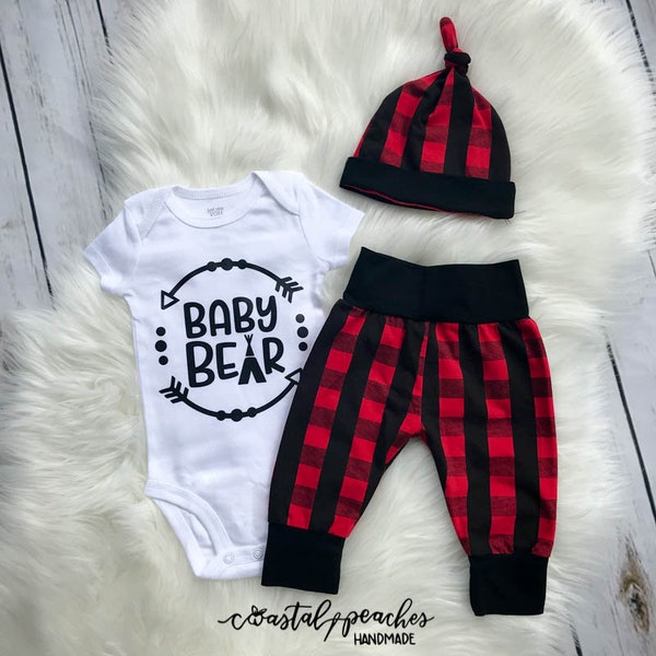 Baby bear outfit, coming home outfit, buffalo plaid, Baby boy & girl clothes, outfit sets, red and black plaid, Christmas outfit, baby gift