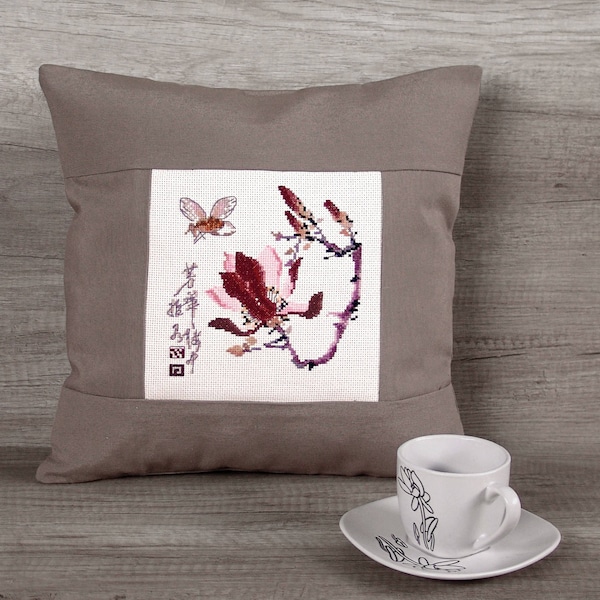 Magnolia flower oriental PILLOW COVER, Asian needlepoint pillowcase, Japanese embroidered oriental cushion cover, Zen garden blush pillow