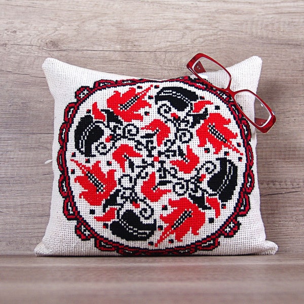 Geometric red black cross-stitch pillow, retro embroidered cushion, rustic handmade needlepoint decorative pillow 12 x 12 inch ( 30 x 30 )