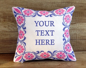 Custom embroidered decorative blue pink PILLOW COVER, Custom needlepoint throw pillowcase, Personalized embroidered cushion cover gift ideas