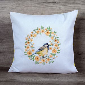 Hand Embroidered Bird Pillow Cover: Yellow Linen Decorative Cushion