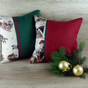 Christmas Tapestry Pillow Covers (Set of 2): Red & Green Linen, 16 inch