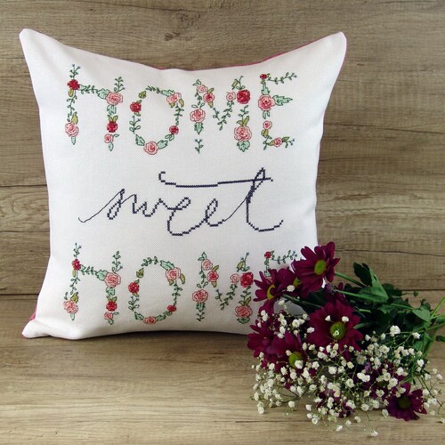 Floral embroidery shops Home Sweet Home CUSHION COVER, Flower cross stitch pillow cover, Needlepoint throw pink pillowcase floral, New home gift