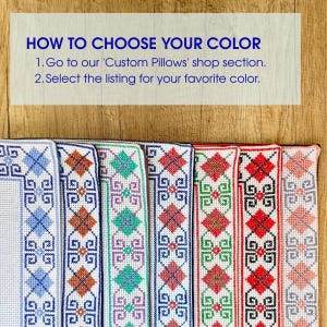 Product grid showing different thread and fabric color options for personalizing the square red black personalized decorative pillow covers design.