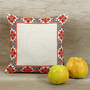 Vintage Needlepoint Pillow Cover: Red & Black Cross Stitch, Rustic Farmhouse Decor