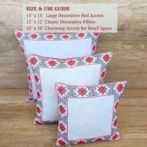 A collection of custom embroidered square red black personalized pillows in different sizes, showing a curated set for an eclectic look.