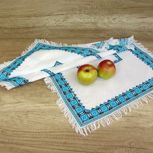 Blue embroidered table runner, Needlepoint  holiday table linens, Ukrainian embroidery & gift idea