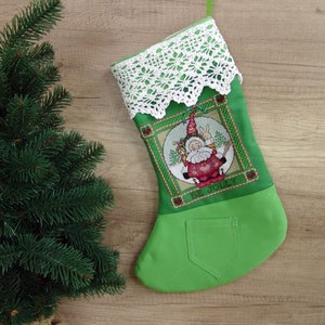 Embroidered Santa Christmas Stocking: Green Holiday Decor