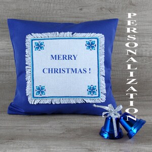 Custom blue throw PILLOW COVER, Custom Christmas personalized cushion cover, Custom text cross stitch embroider pillowcase personalized