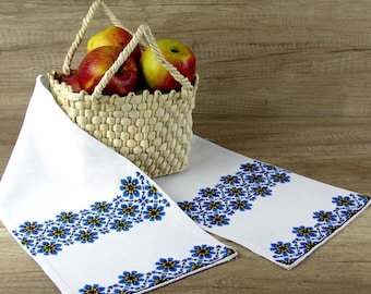 Vintage Ukrainian Rushnyk, Blue Floral Hand Embroidered Towel