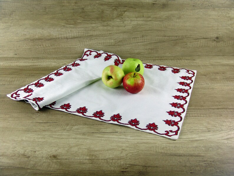 Red hand embroidered table runner Table topper rustic home decor Needlepoint dresser scarves Ukrainian ethnic decor table centerpiece
