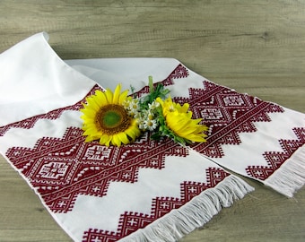 Hand Embroidered Ukrainian Rushnyk, Red Cross Stitch Wedding Towel