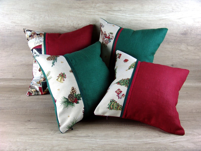 Christmas decor tapestry PILLOW COVERS set of 4, Green red linen decorative cushion cover, shops Xmas hame decor gobelin pillowcases 16 x 16 inch