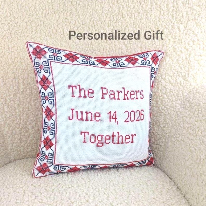 Custom embroidered square red black personalized decorative pillow cover in deep navy blue, a unique thoughtful gift idea.