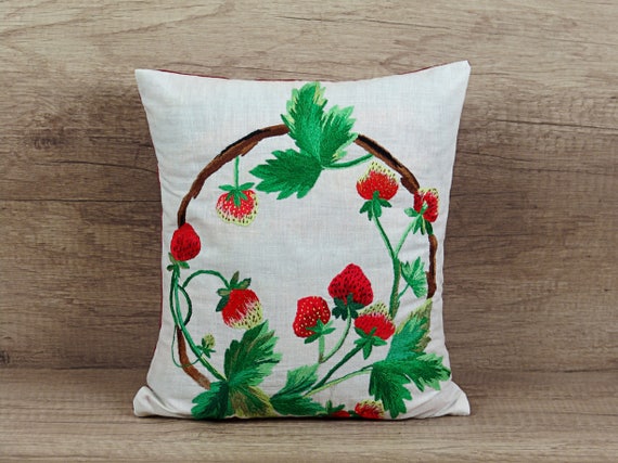 Strawberries Pillow Hand Embroidered Red Linen Pillow Sham Etsy