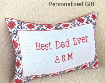 May include: White rectangular pillow with red embroidered text that reads "Best Dad Ever A & M". The pillow has a red and black geometric border and the words "Personalized Gift" at the top.