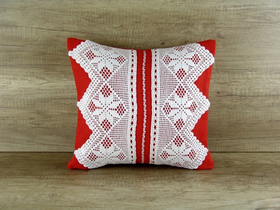 Lace Cover Red Pillow Sham Romantic Bedroom Country Shabby Decorative Pillow Filet Crochet Red White Throw Pillow Cover