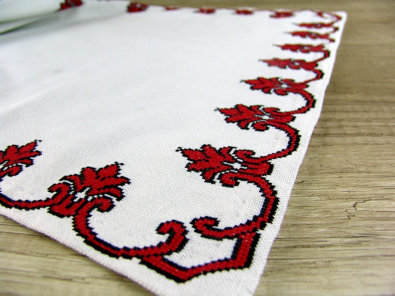 Red hand embroidered table runner Table topper rustic home decor Needlepoint dresser scarves Ukrainian ethnic decor table centerpiece