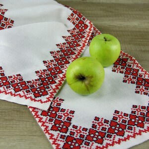 Red hand embroidered Ukrainian ethnic decor, Ukrainian embroidery counted cross stitch, Hand embroidered Ukrainian wedding rushnyk towel