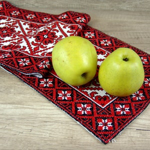 Red hand embroidered holiday table runner - Ukrainian gifts idea, Ukrainian needlepoint table runner, dresser scarves