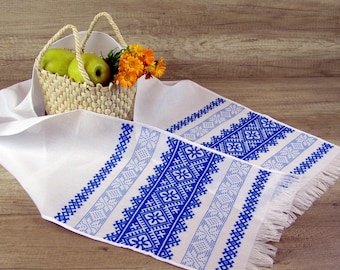 Blue Hand Embroidered Ukrainian Rushnyk, Ethnic Wedding Decor