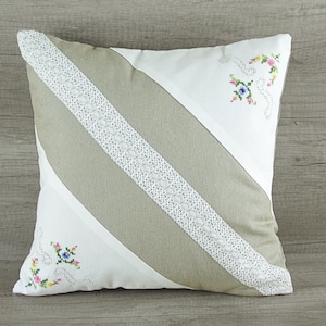Floral romantic bedroom PILLOW COVER, Pink roses embroidered cushion cover, Country shabby cross stitch pillowcase, White lace toss pillow