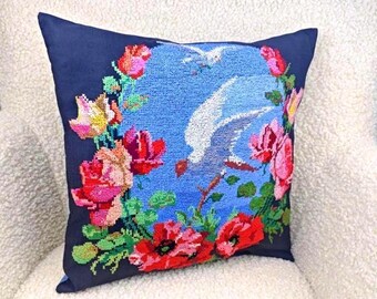 Vintage Swan Embroidered Pillow Cover, Floral Cottagecore Decor Gift