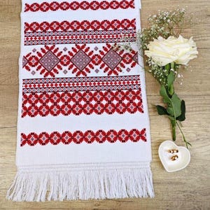 Ukrainian Wedding Rushnyk Towel with Red Cross Stitch, Ceremonial Gift