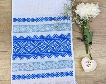 Ukrainian Wedding Rushnyk Towel with Blue Cross Stitch, Gift for Couples