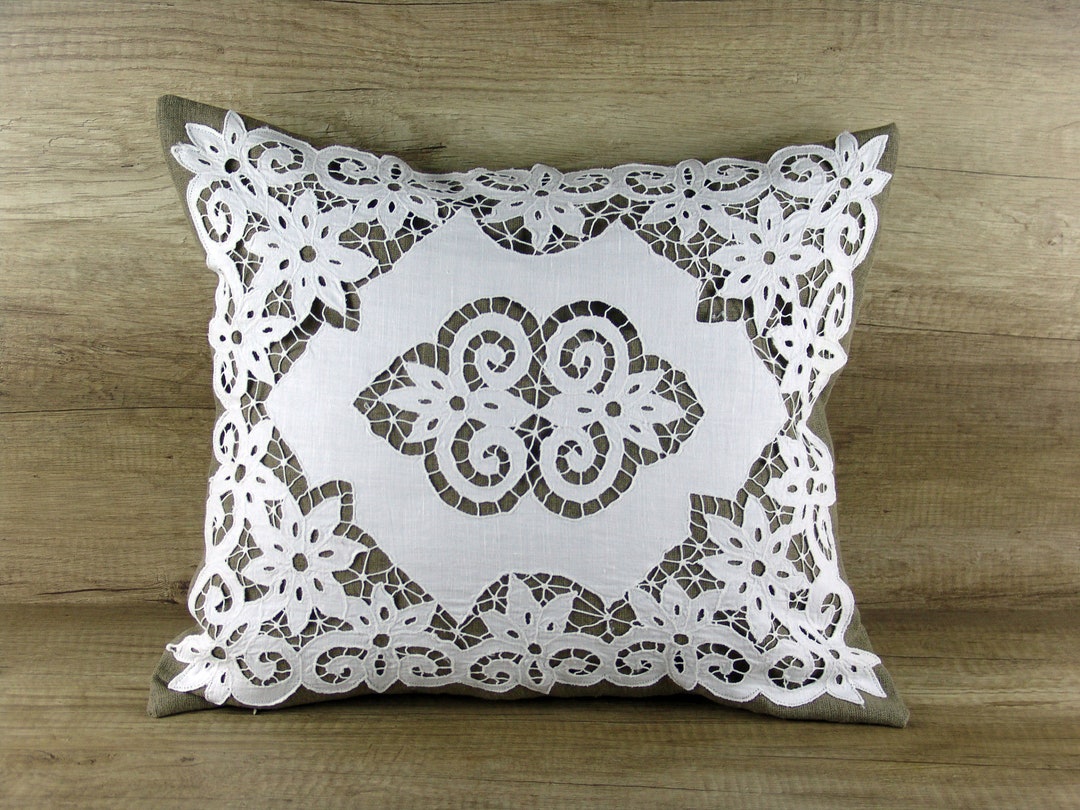 White Modern Farmhouse PILLOW COVER, Richelieu Embroidery Gray White Eyelet Cushion Cover
