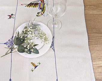 Nautical Embroidered Linen Tablecloth, Sailboat Coastal Table Decor Gift