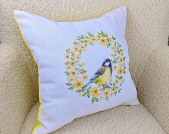 Linen Embroidered Bird Pillow Cover, Yellow Floral Accent Cushion, Cottage Decor