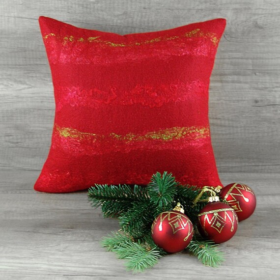 Red Merino Wool Felted Pillow Cover: Abstract Modern Cushion