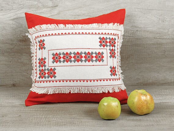 Red Needlepoint Cross Stitch Pillow Ukrainian Embroidery Art Etsy