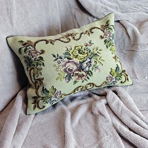 Embroidered Roses Pillow Cover: Shabby Chic Needlepoint Cushion, 15x11