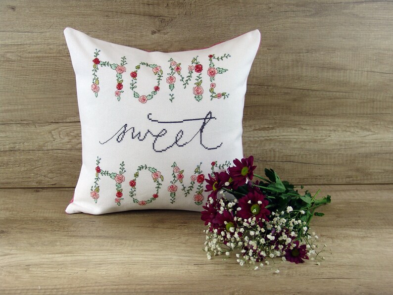 Floral embroidery shops Home Sweet Home CUSHION COVER, Flower cross stitch pillow cover, Needlepoint throw pink pillowcase floral, New home gift