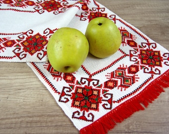 Red Embroidered Table Runner – Ukrainian Cross Stitch, Vintage Folk Gift