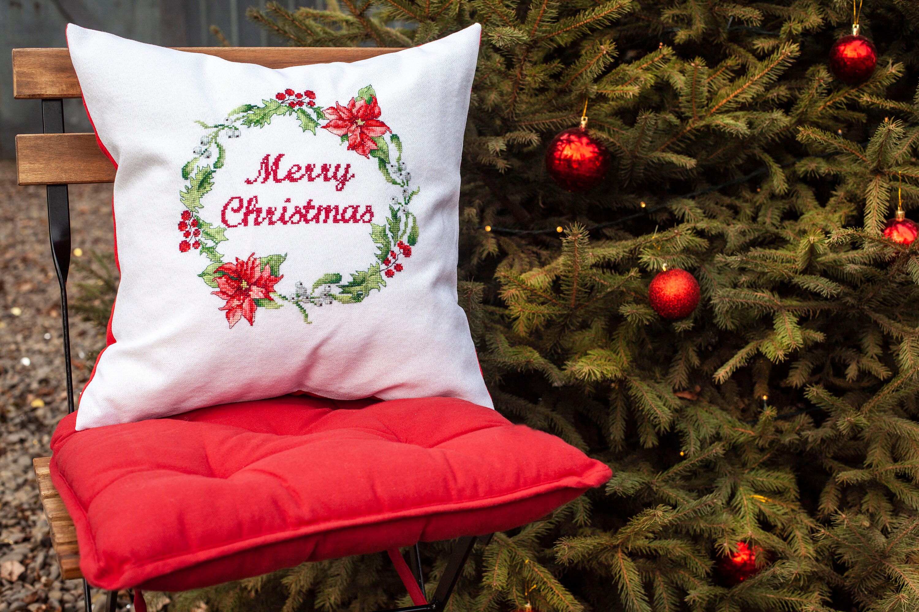 Merry Christmas embroidered PILLOW COVER Red linen Etsy