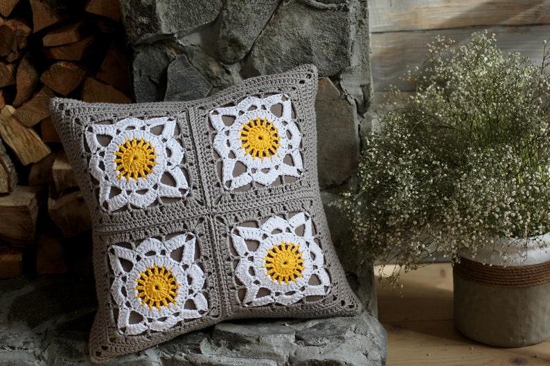 Crochet Granny Square Cushion Yellow Gray Throw Pillow Etsy